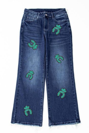 Jeans | Women Sail Blue Turquoise Pattern Raw Edge Cropped High Waist Jeans