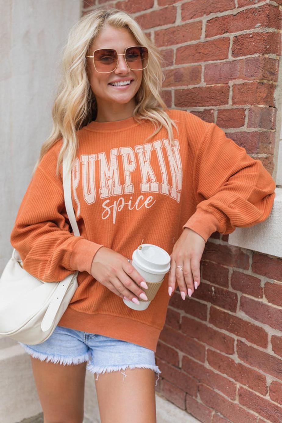 Sweatshirts | Women Orange Crinkle Ribbed Pumpkin Spice Graphic Crewneck Sweatshirt