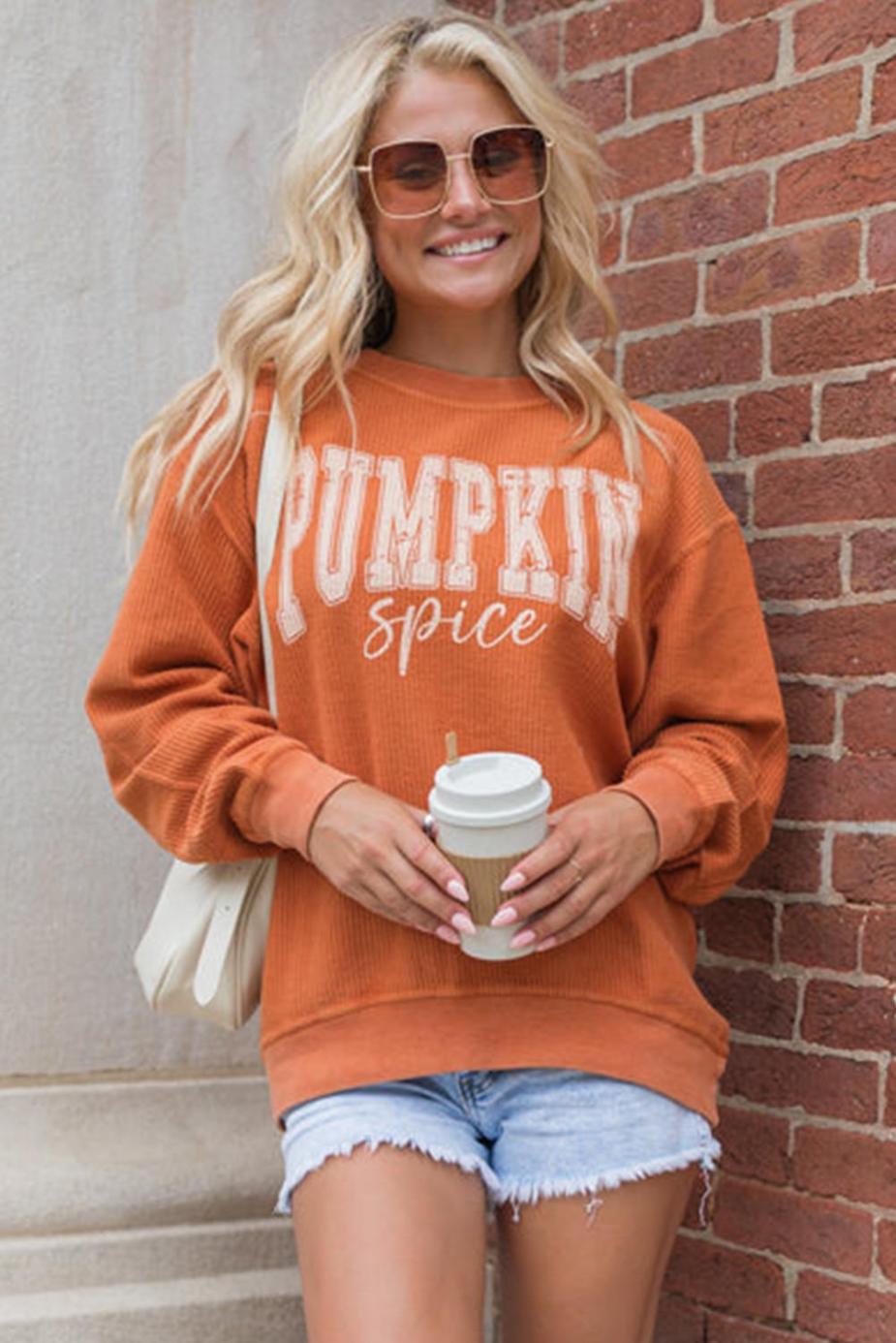 Sweatshirts | Women Orange Crinkle Ribbed Pumpkin Spice Graphic Crewneck Sweatshirt