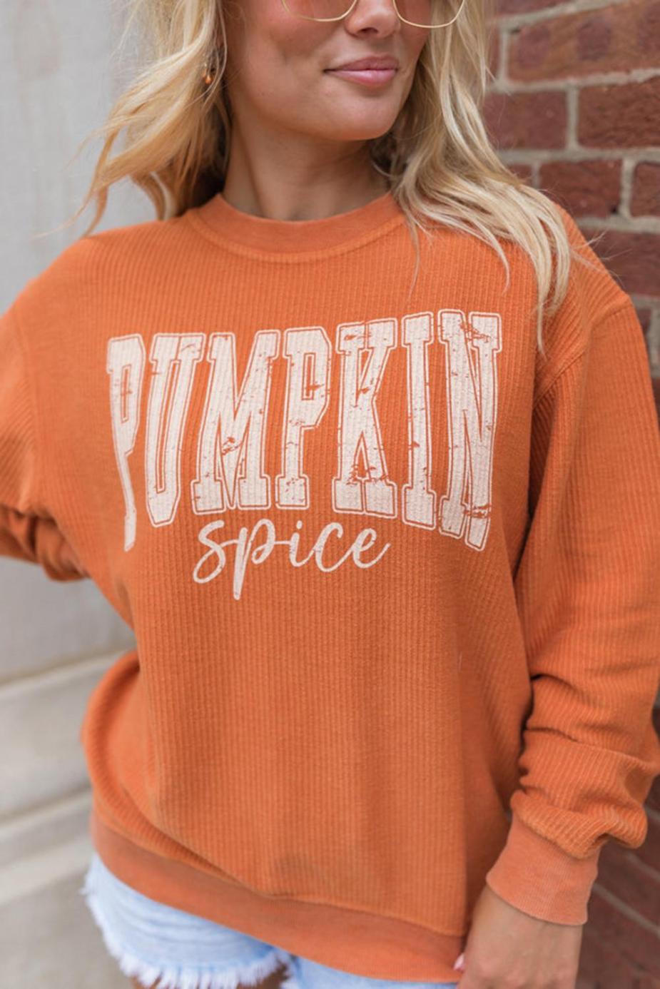 Sweatshirts | Women Orange Crinkle Ribbed Pumpkin Spice Graphic Crewneck Sweatshirt