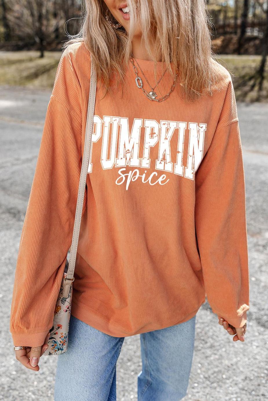 Sweatshirts | Women Orange Crinkle Ribbed Pumpkin Spice Graphic Crewneck Sweatshirt