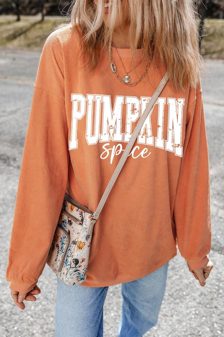 Sweatshirts | Women Orange Crinkle Ribbed Pumpkin Spice Graphic Crewneck Sweatshirt
