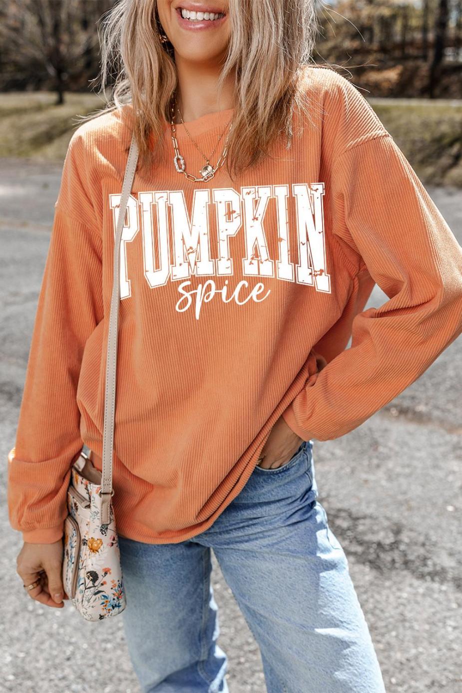 Sweatshirts | Women Orange Crinkle Ribbed Pumpkin Spice Graphic Crewneck Sweatshirt