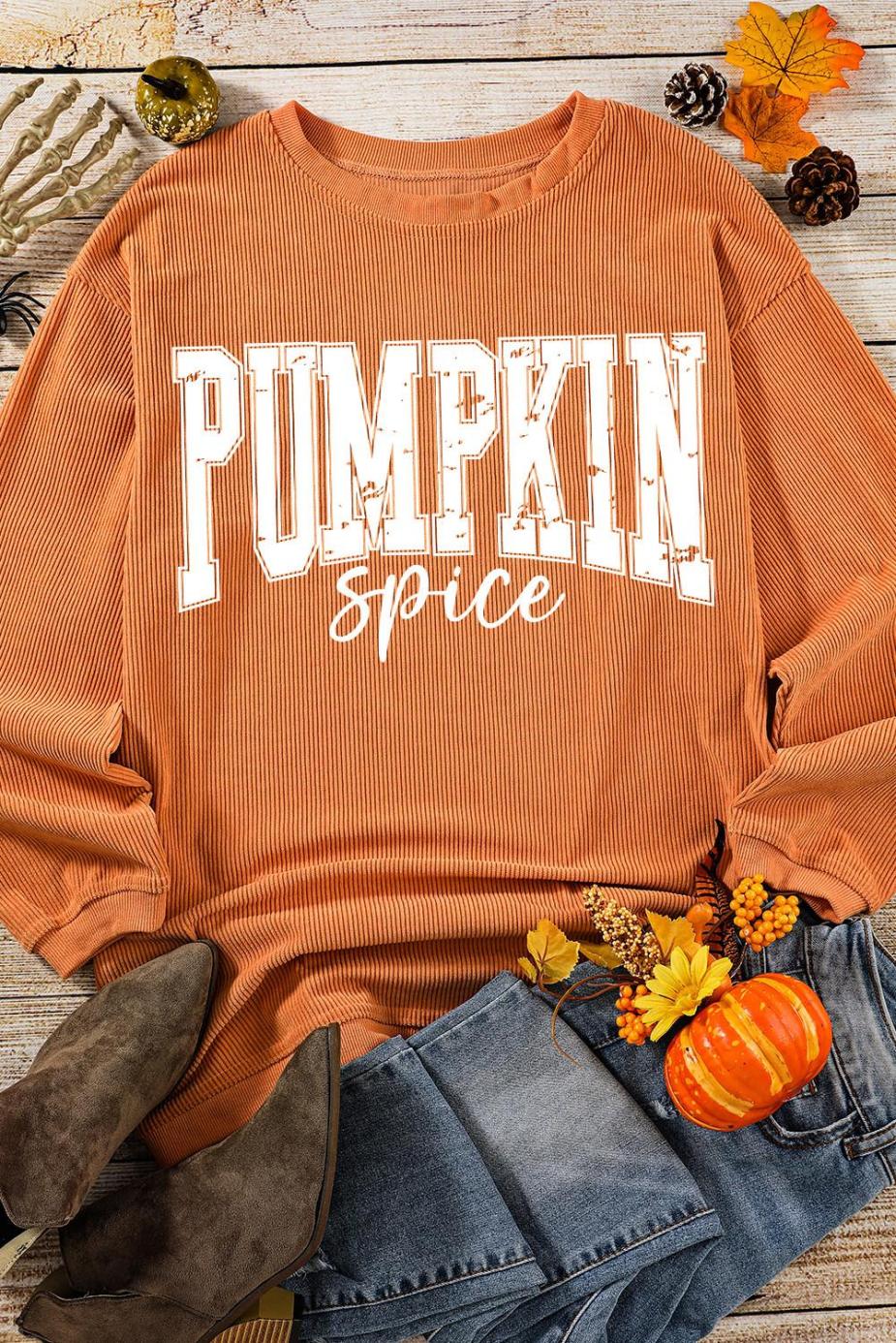 Sweatshirts | Women Orange Crinkle Ribbed Pumpkin Spice Graphic Crewneck Sweatshirt