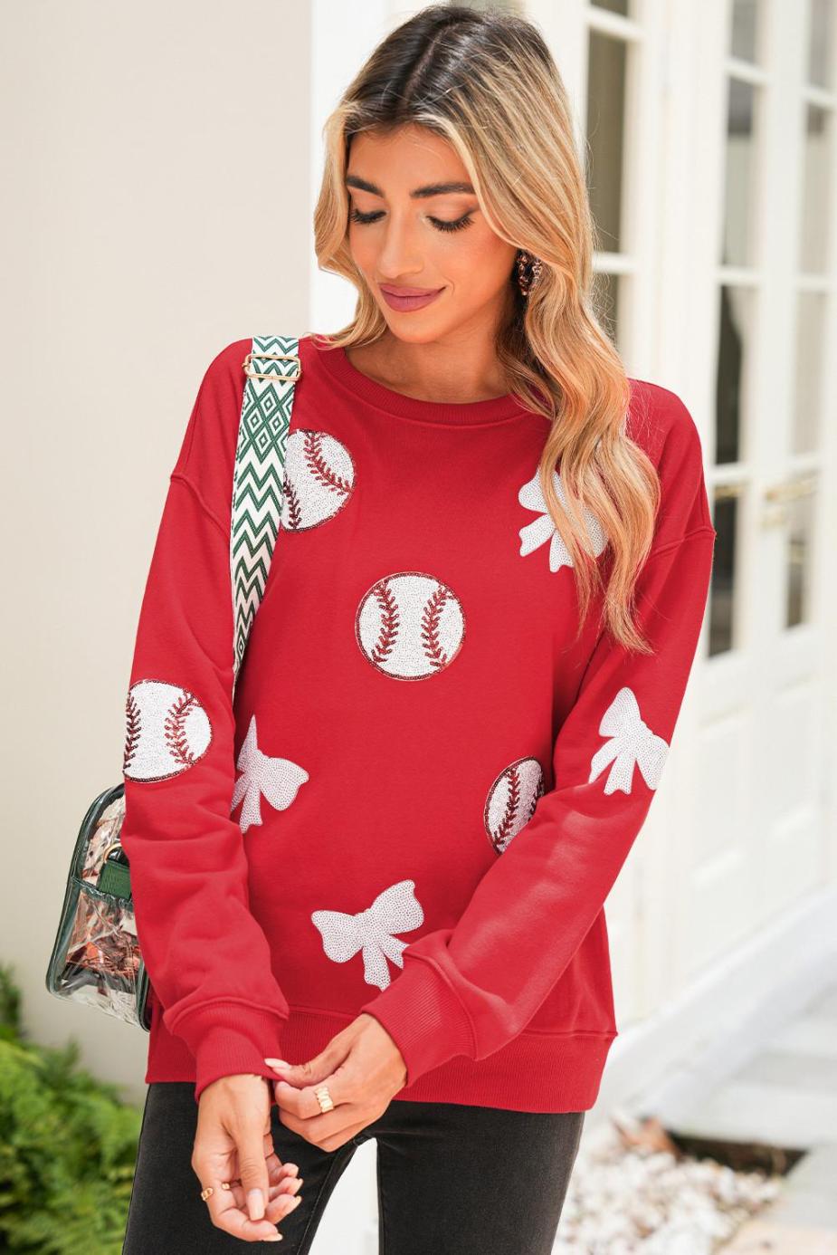Sweatshirts | Women Red Sequin Bow And Baseball Graphic Game Day Fashion Sweatshirt