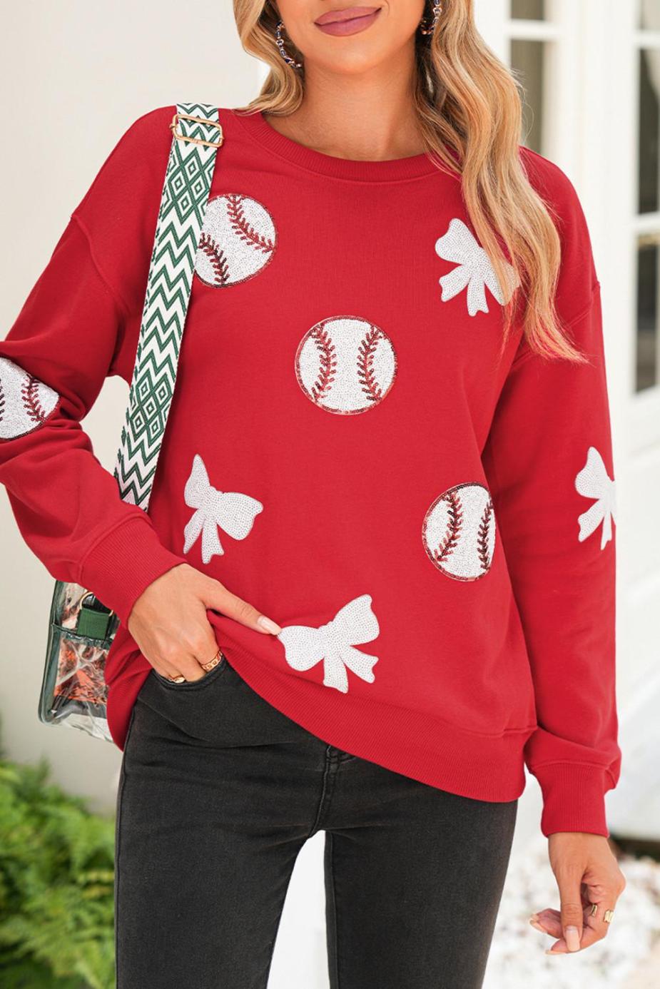 Sweatshirts | Women Red Sequin Bow And Baseball Graphic Game Day Fashion Sweatshirt