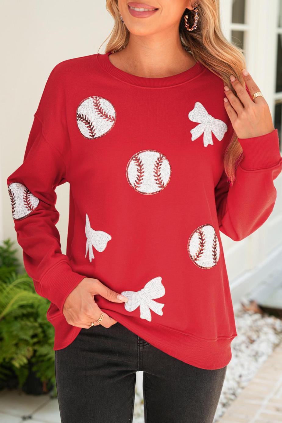 Sweatshirts | Women Red Sequin Bow And Baseball Graphic Game Day Fashion Sweatshirt