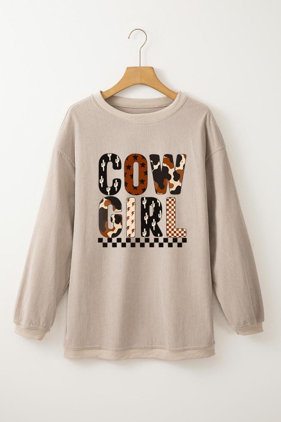 Sweatshirts | Women Smoke Gray Letter Print Corduroy Baggy Sweatshirt