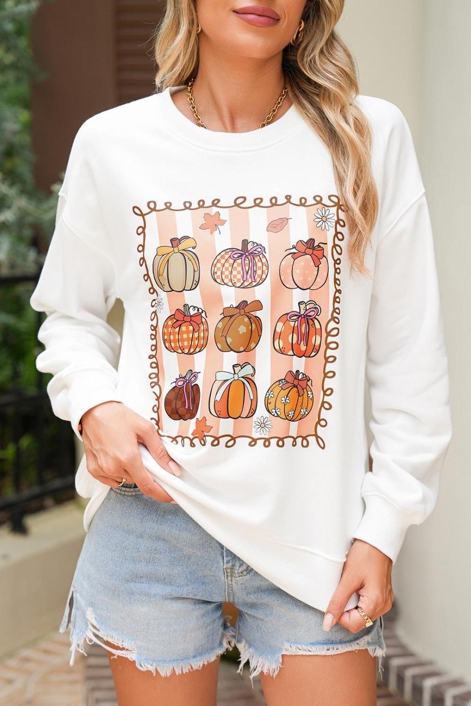 Sweatshirts | Women White Fall Bow Pumpkin Round Neck Graphic Sweatshirt