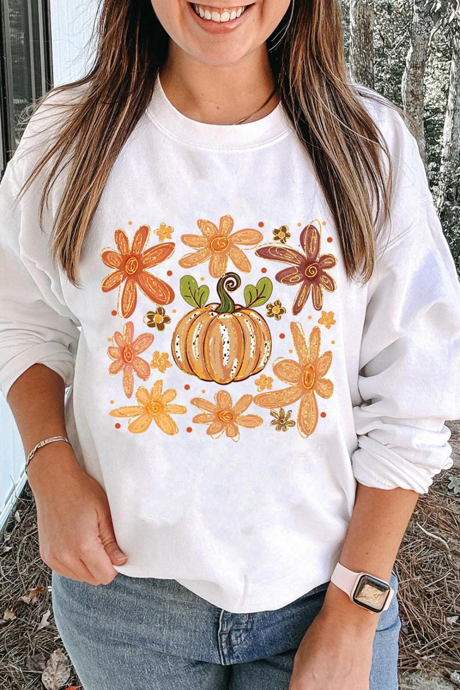 Sweatshirts | Women White Flower Pumpkin Printed Cotton Blend Sweatshirt