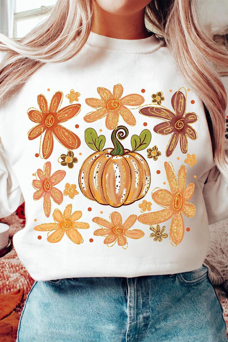 Sweatshirts | Women White Flower Pumpkin Printed Cotton Blend Sweatshirt