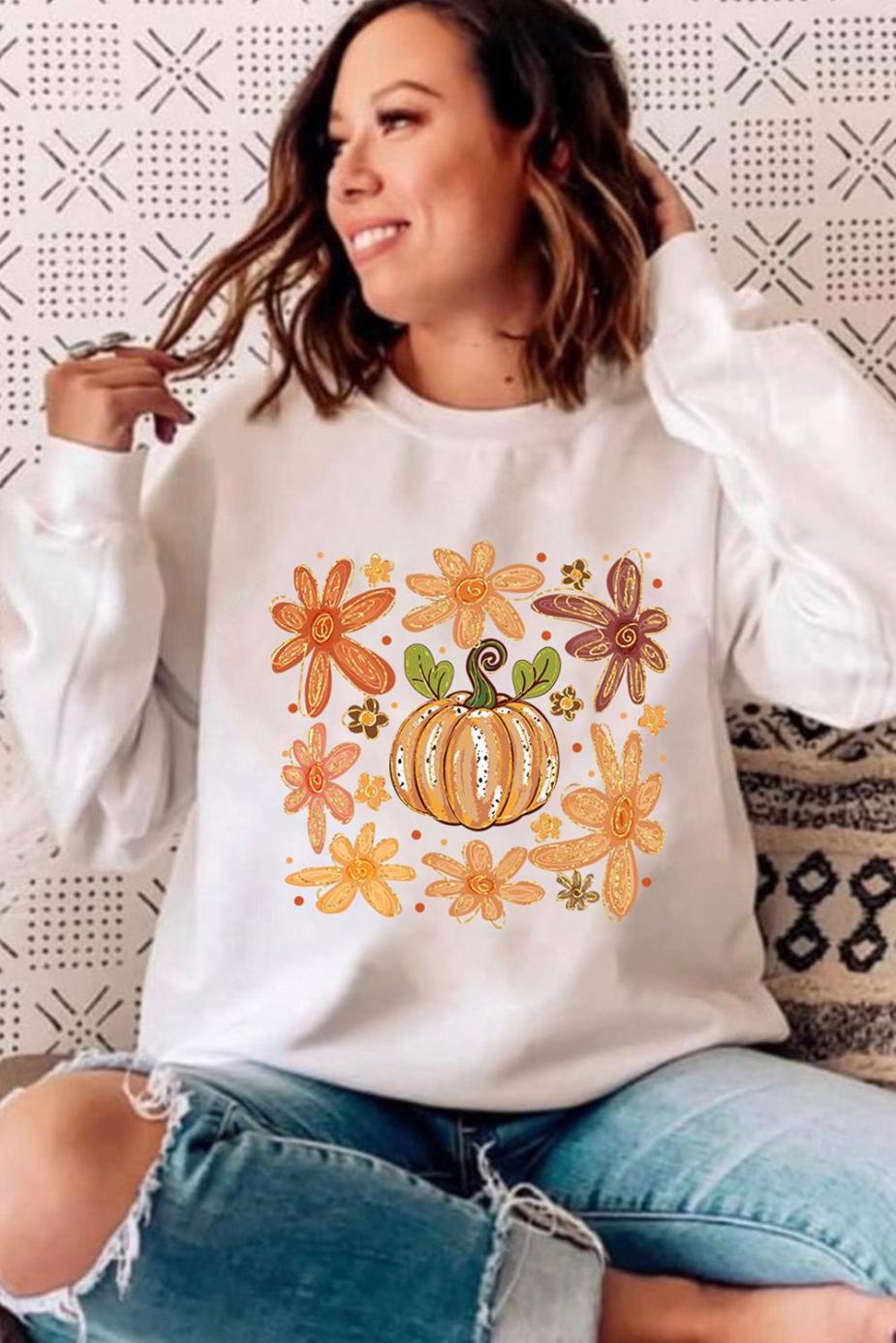 Sweatshirts | Women White Flower Pumpkin Printed Cotton Blend Sweatshirt