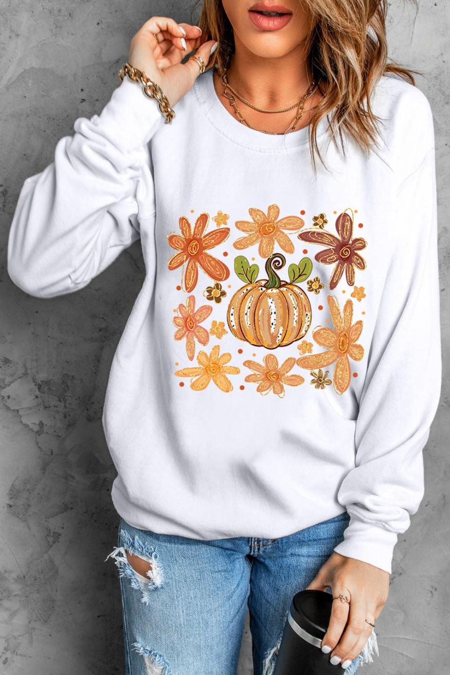 Sweatshirts | Women White Flower Pumpkin Printed Cotton Blend Sweatshirt