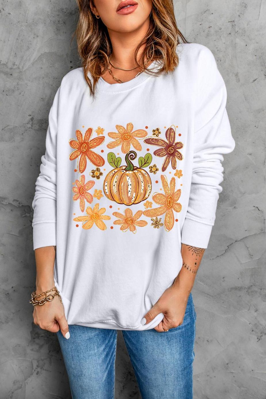 Sweatshirts | Women White Flower Pumpkin Printed Cotton Blend Sweatshirt