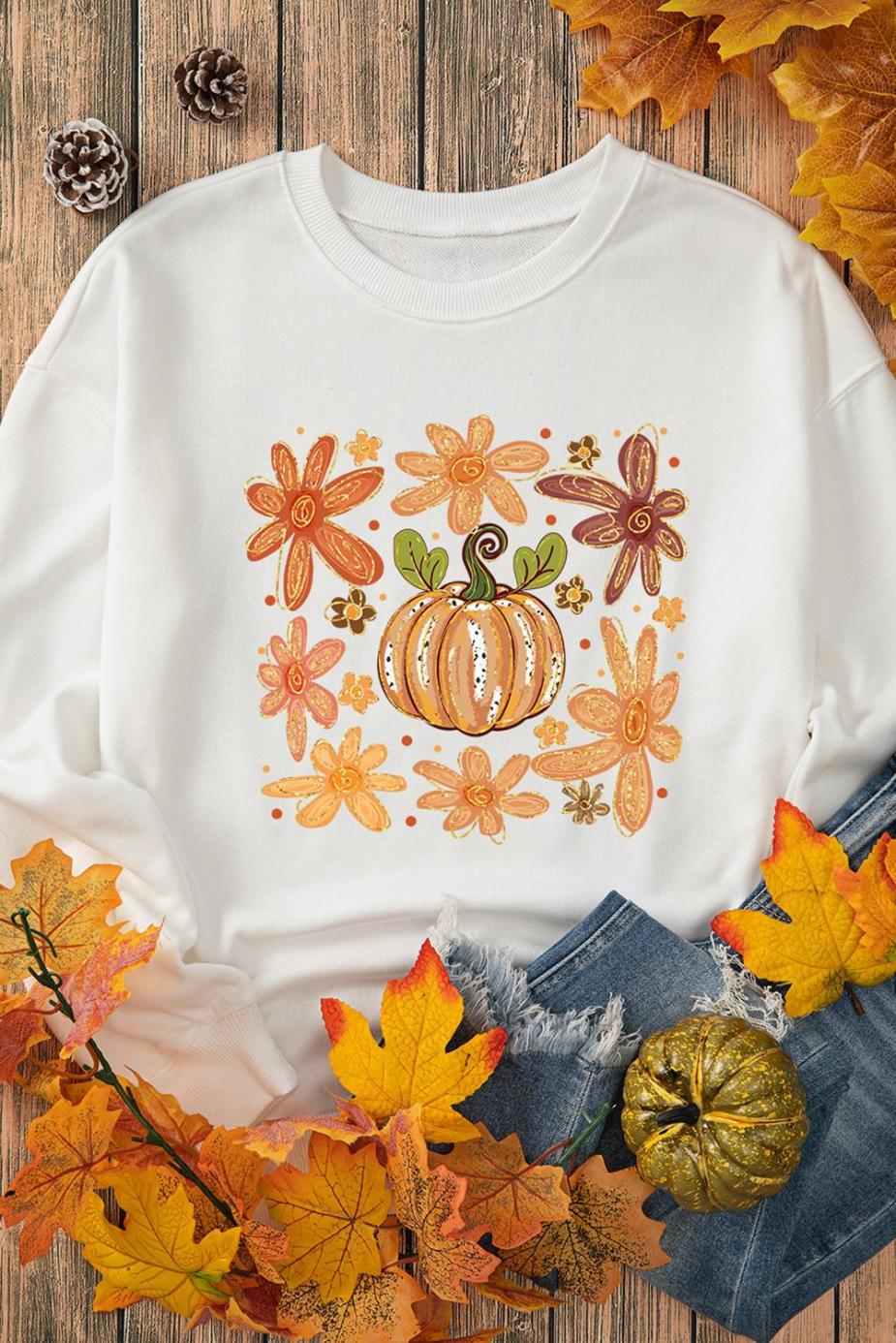 Sweatshirts | Women White Flower Pumpkin Printed Cotton Blend Sweatshirt