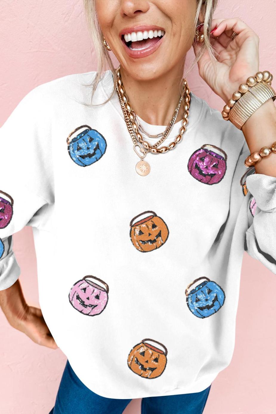 Sweatshirts | Women White Halloween Pumpkin Lantern Sequin Patched Sweatshirt