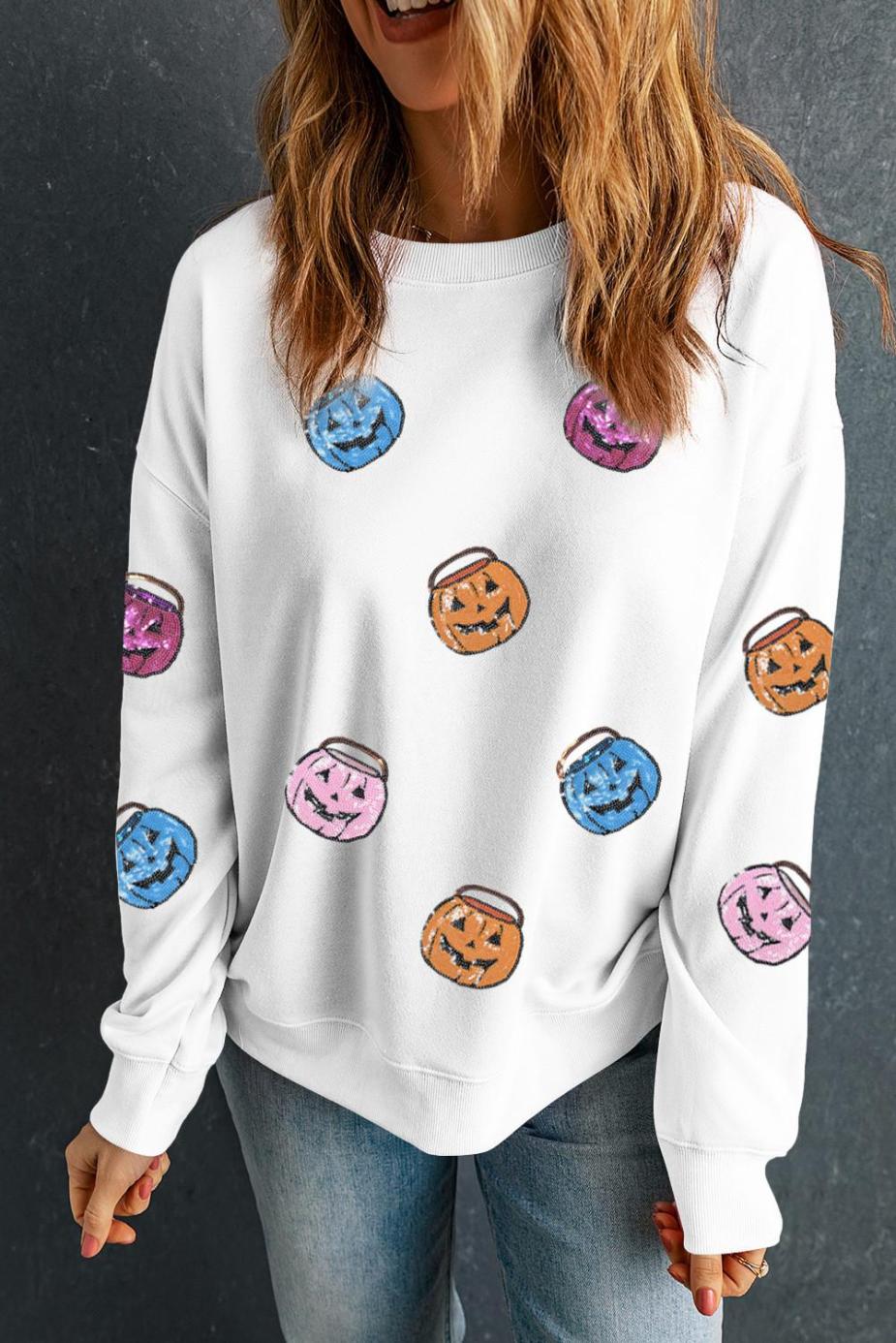 Sweatshirts | Women White Halloween Pumpkin Lantern Sequin Patched Sweatshirt