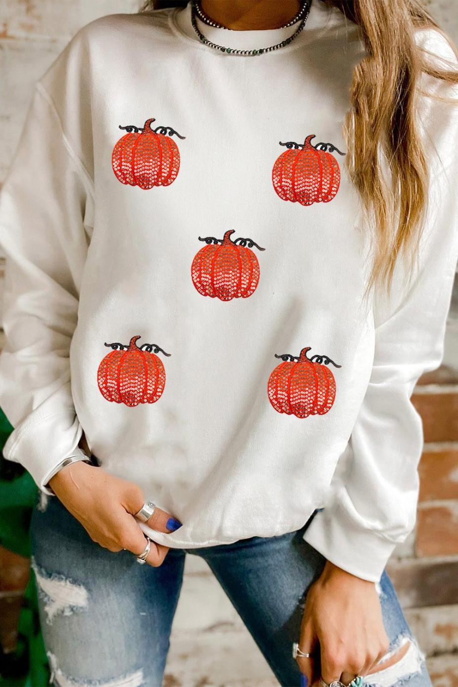 Sweatshirts | Women White Sequin Pumpkin Patched Drop Shoulder Sweatshirt