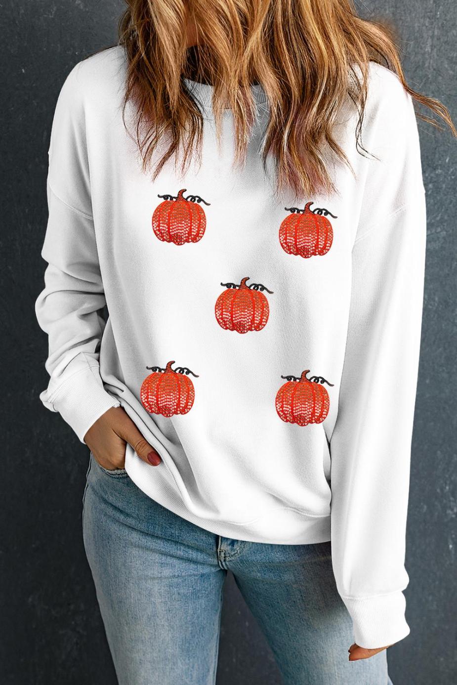 Sweatshirts | Women White Sequin Pumpkin Patched Drop Shoulder Sweatshirt