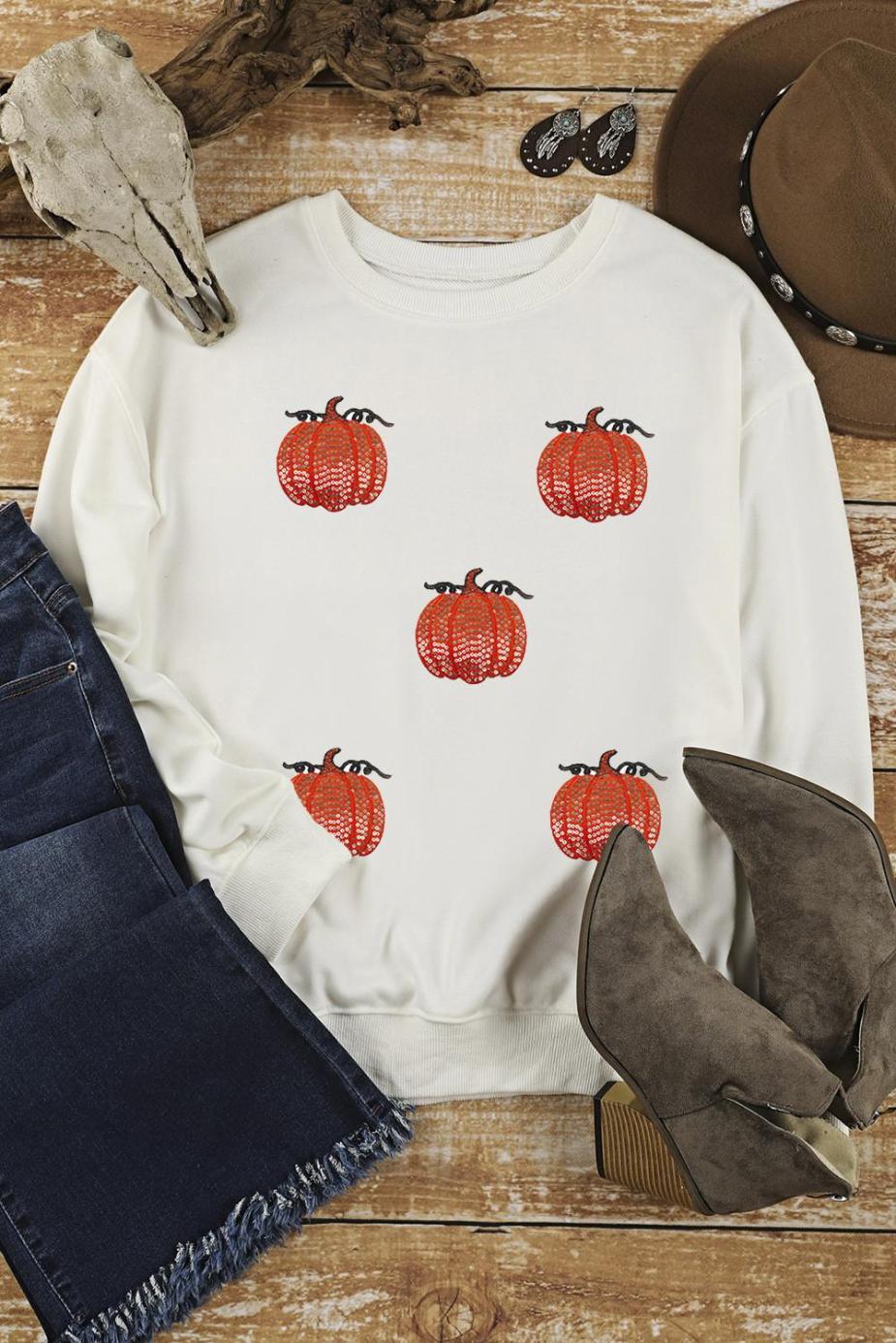 Sweatshirts | Women White Sequin Pumpkin Patched Drop Shoulder Sweatshirt