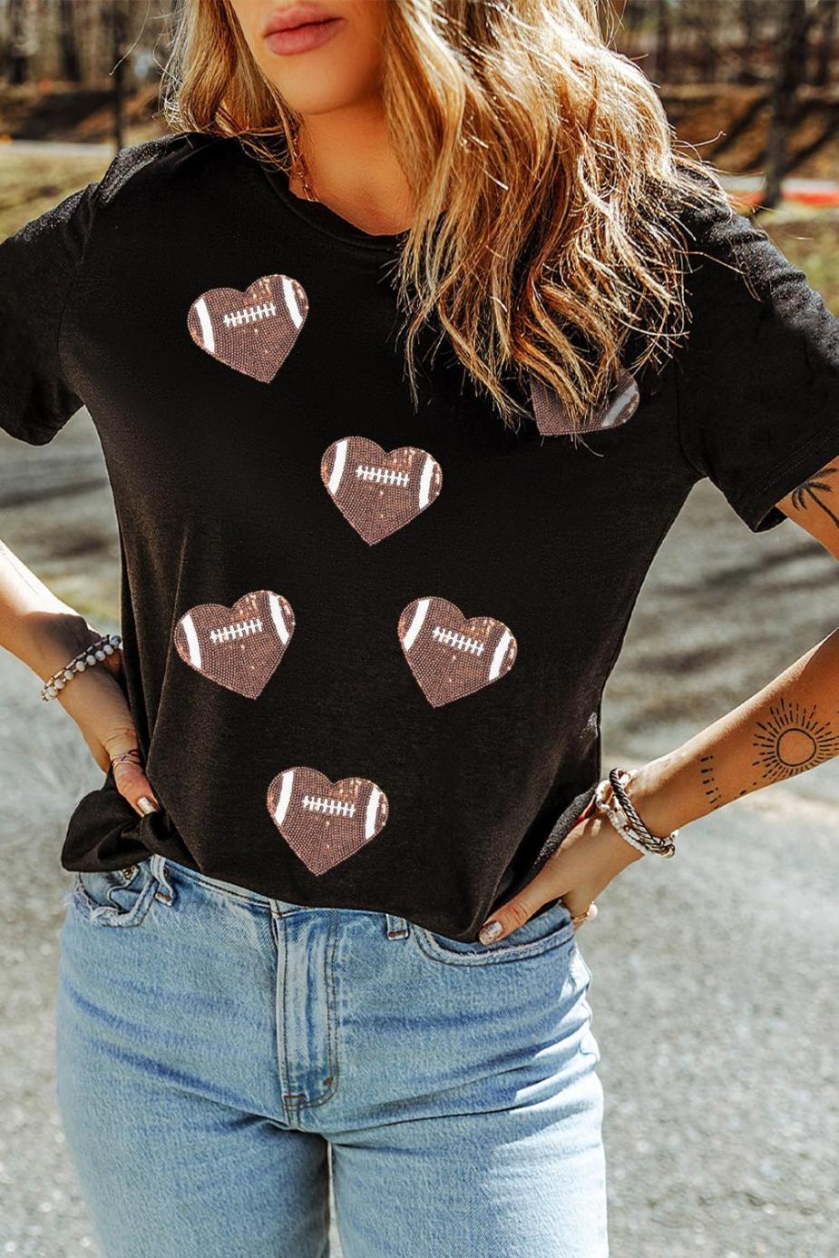 Tees & Tanks | Women Black Football Sequin Heart Patched Graphic Tee