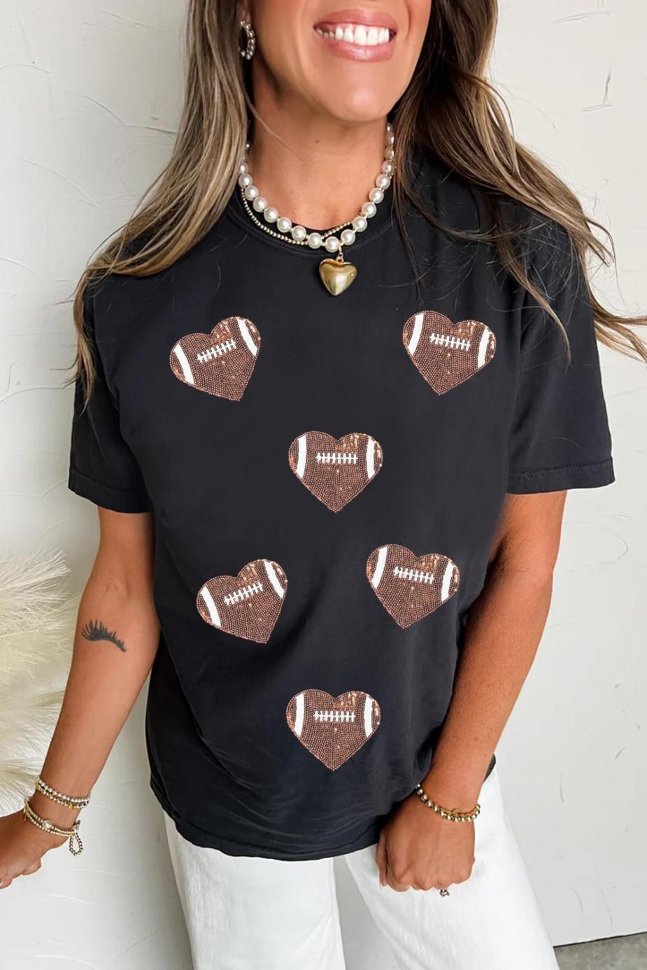 Tees & Tanks | Women Black Football Sequin Heart Patched Graphic Tee