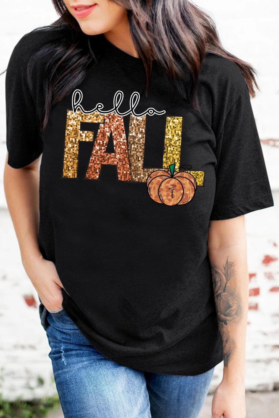 Tees & Tanks | Women Black Hello Fall Letter Pumpkin Printed T Shirt