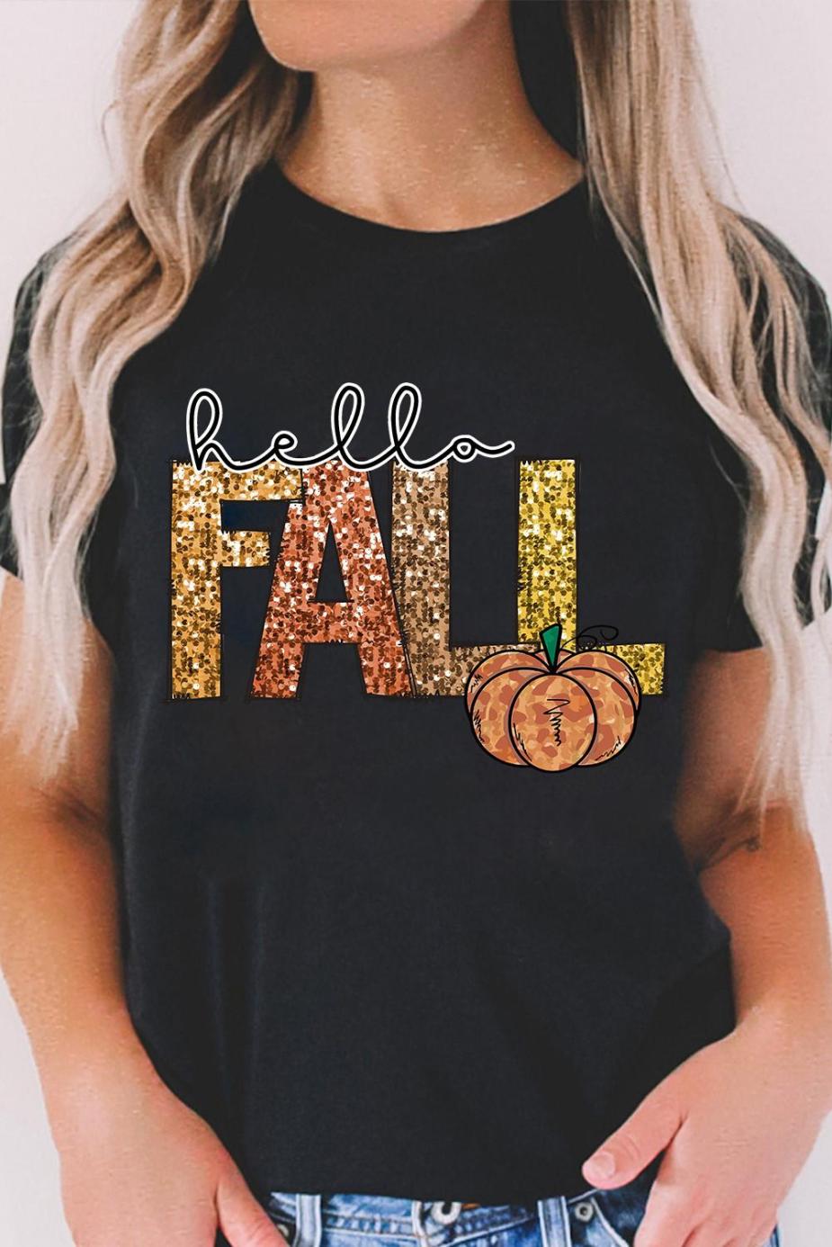 Tees & Tanks | Women Black Hello Fall Letter Pumpkin Printed T Shirt