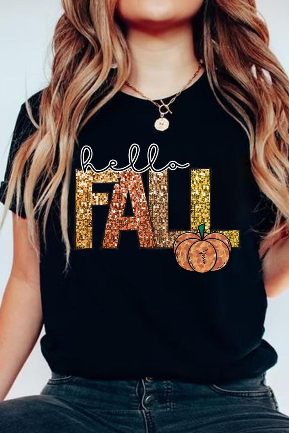 Tees & Tanks | Women Black Hello Fall Letter Pumpkin Printed T Shirt