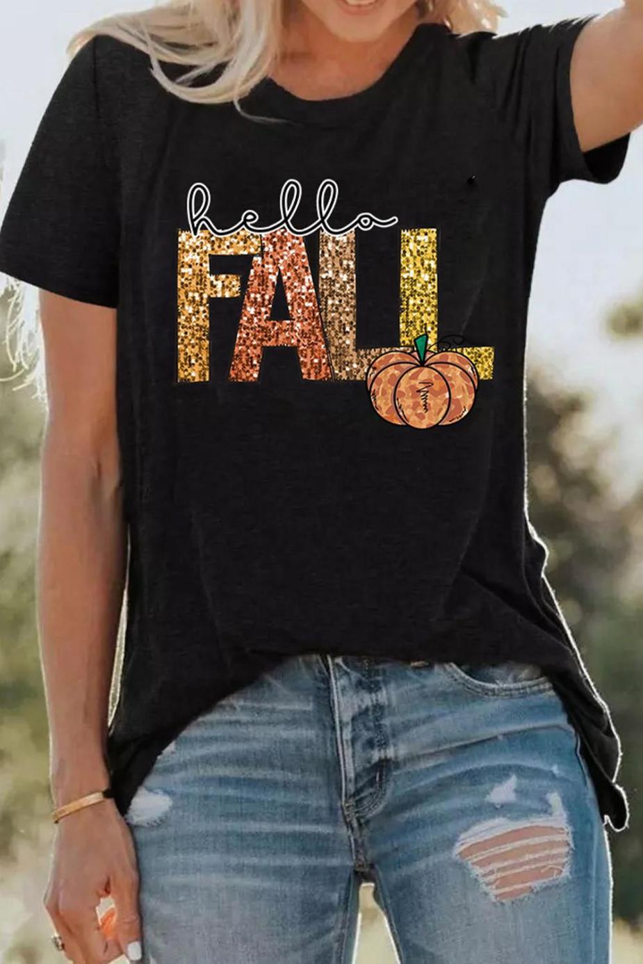 Tees & Tanks | Women Black Hello Fall Letter Pumpkin Printed T Shirt