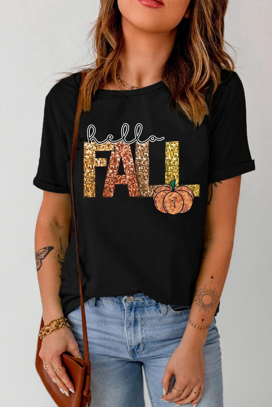 Tees & Tanks | Women Black Hello Fall Letter Pumpkin Printed T Shirt