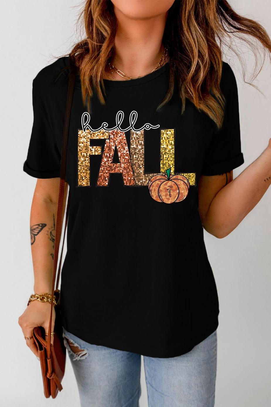 Tees & Tanks | Women Black Hello Fall Letter Pumpkin Printed T Shirt