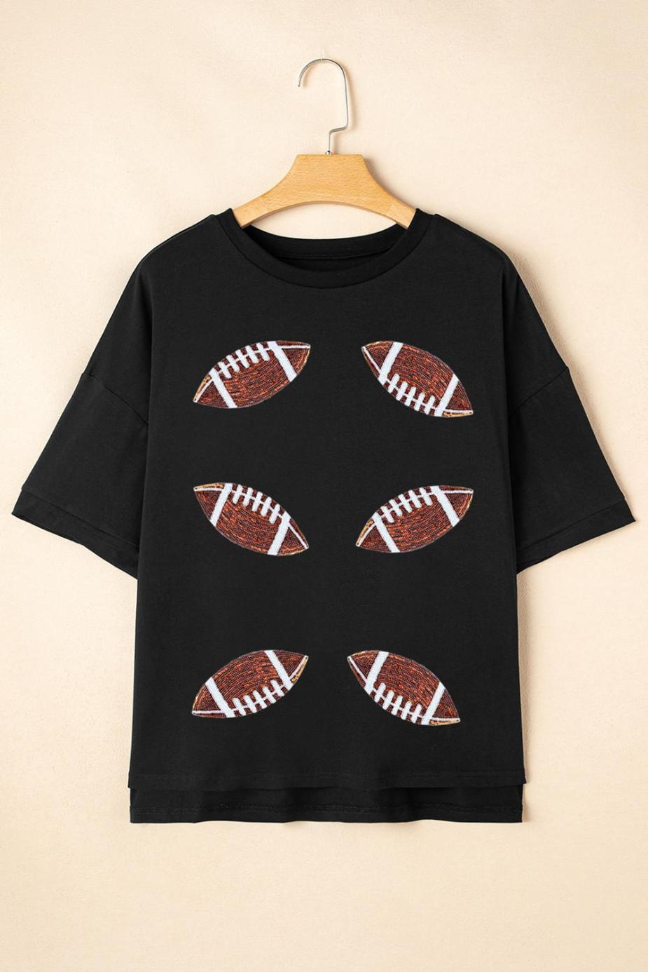 Tees & Tanks | Women Black Sequin Football Patched Crewneck Loose T Shirt