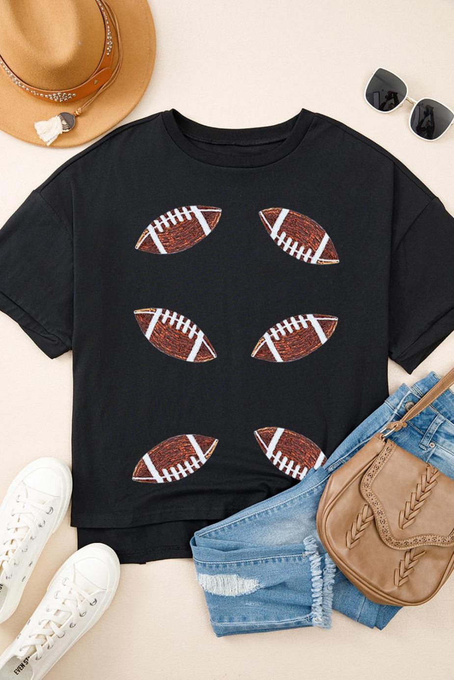 Tees & Tanks | Women Black Sequin Football Patched Crewneck Loose T Shirt