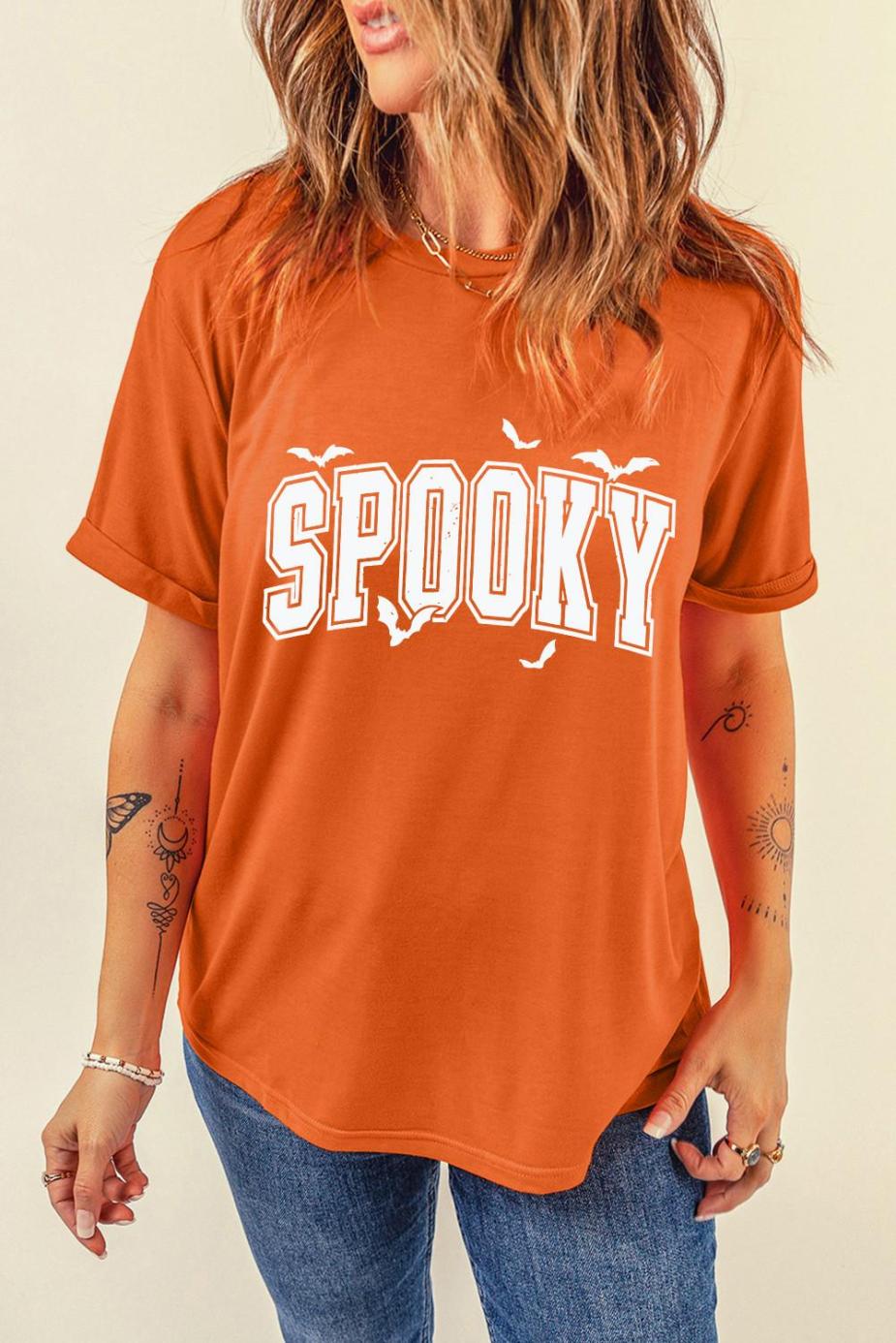 Tees & Tanks | Women Orange Spooky Print Crewneck Halloween T Shirt