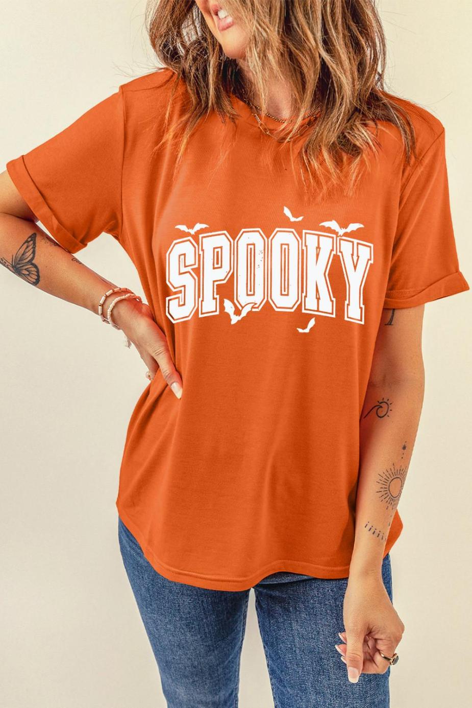 Tees & Tanks | Women Orange Spooky Print Crewneck Halloween T Shirt