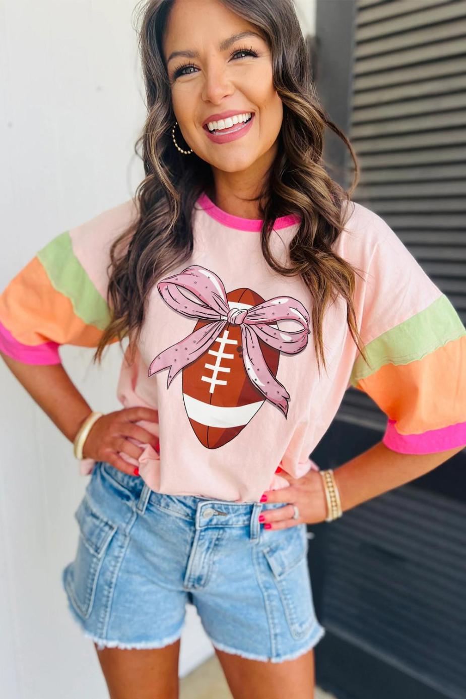 Tees & Tanks | Women Pink Colorblock Sleeve Rhinestone Bow Football Print T Shirt