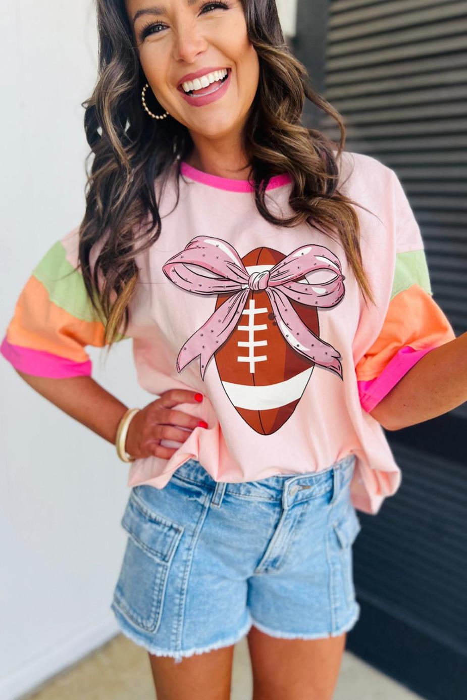 Tees & Tanks | Women Pink Colorblock Sleeve Rhinestone Bow Football Print T Shirt